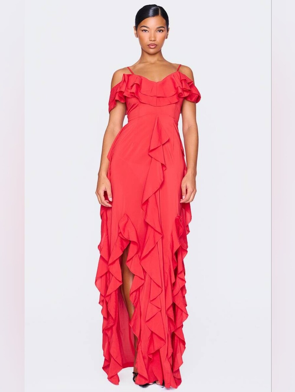 $130 NWT PRETTYLITTLETHING Red Cold Shoulder Ruffle Maxi Dress US 10 - Picture 2 of 13